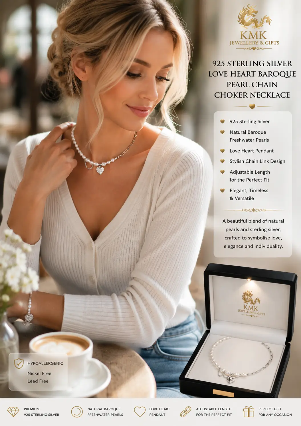 925 Sterling Silver Love Heart Baroque Pearl Bracelets Chain Choker Necklace - Image 4