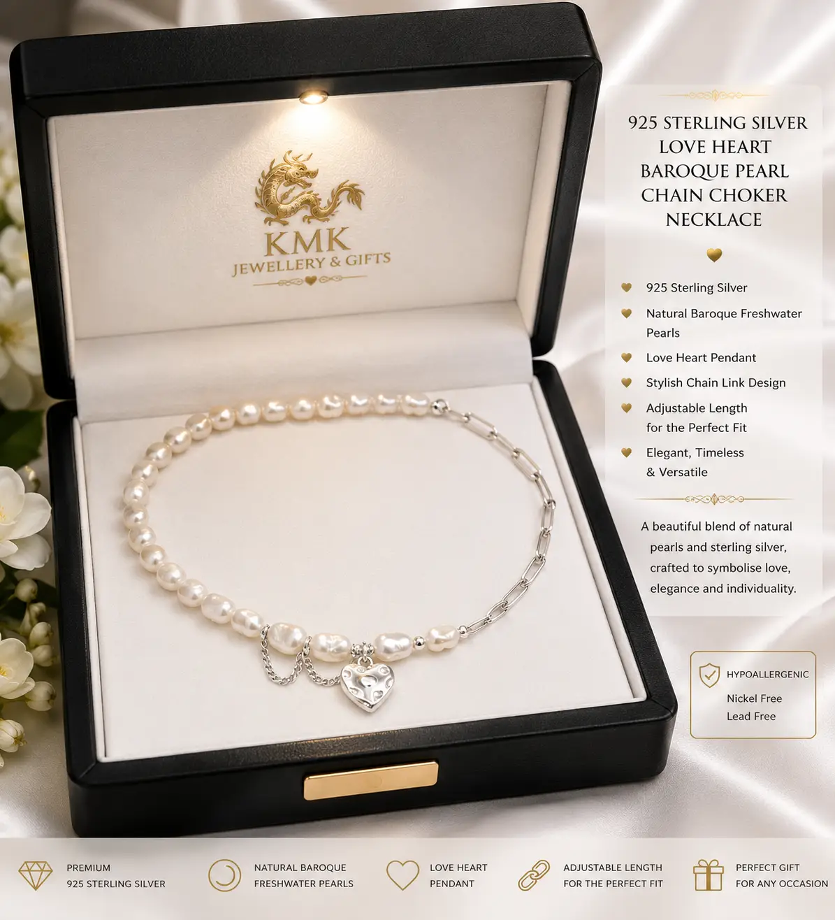 925 Sterling Silver Love Heart Baroque Pearl Bracelets Chain Choker Necklace - Image 3