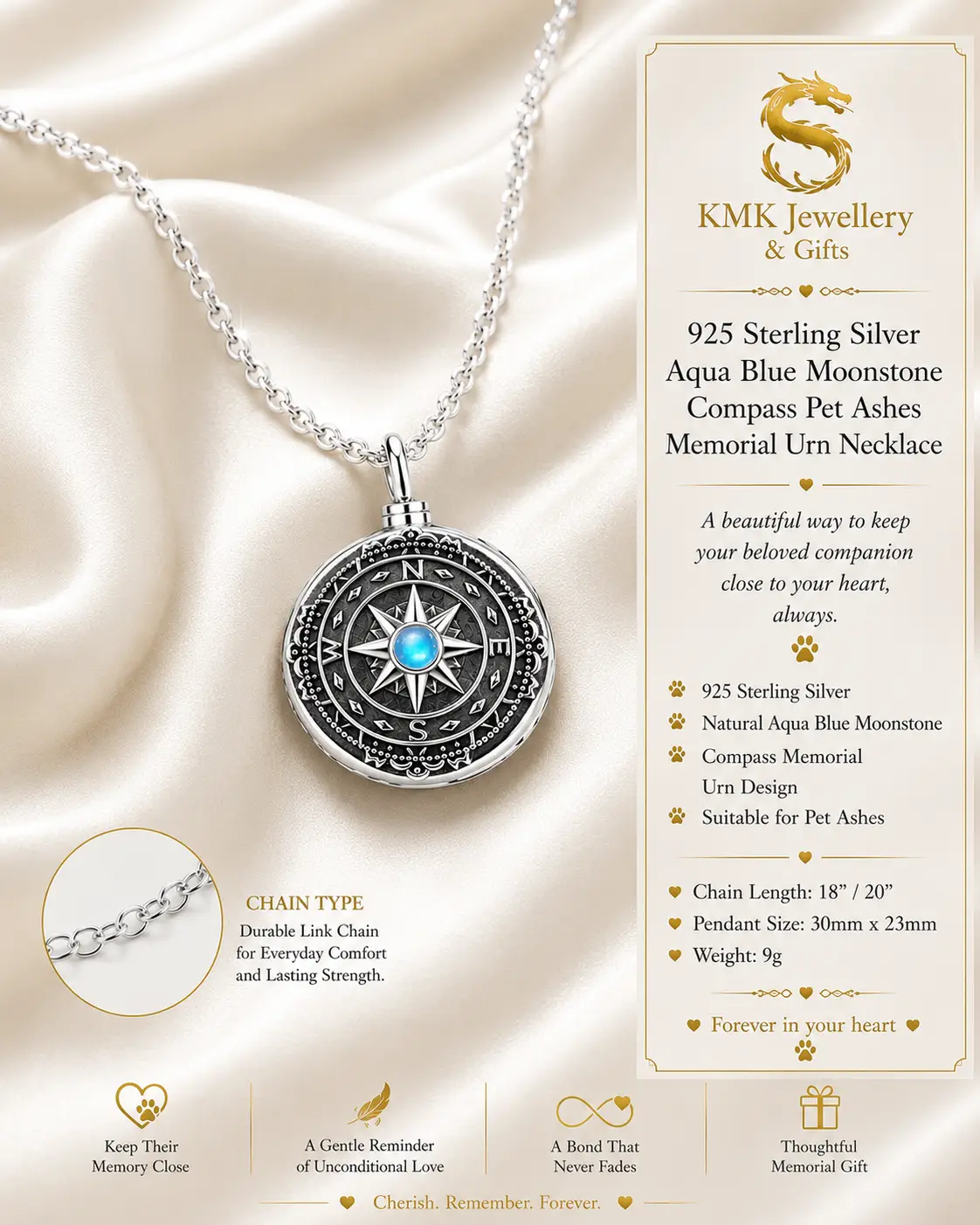 925 Sterling Silver Moonstone Compass Bulk Pet Ashes Memorial Urn Cremation Jewellery Necklace - Image 3