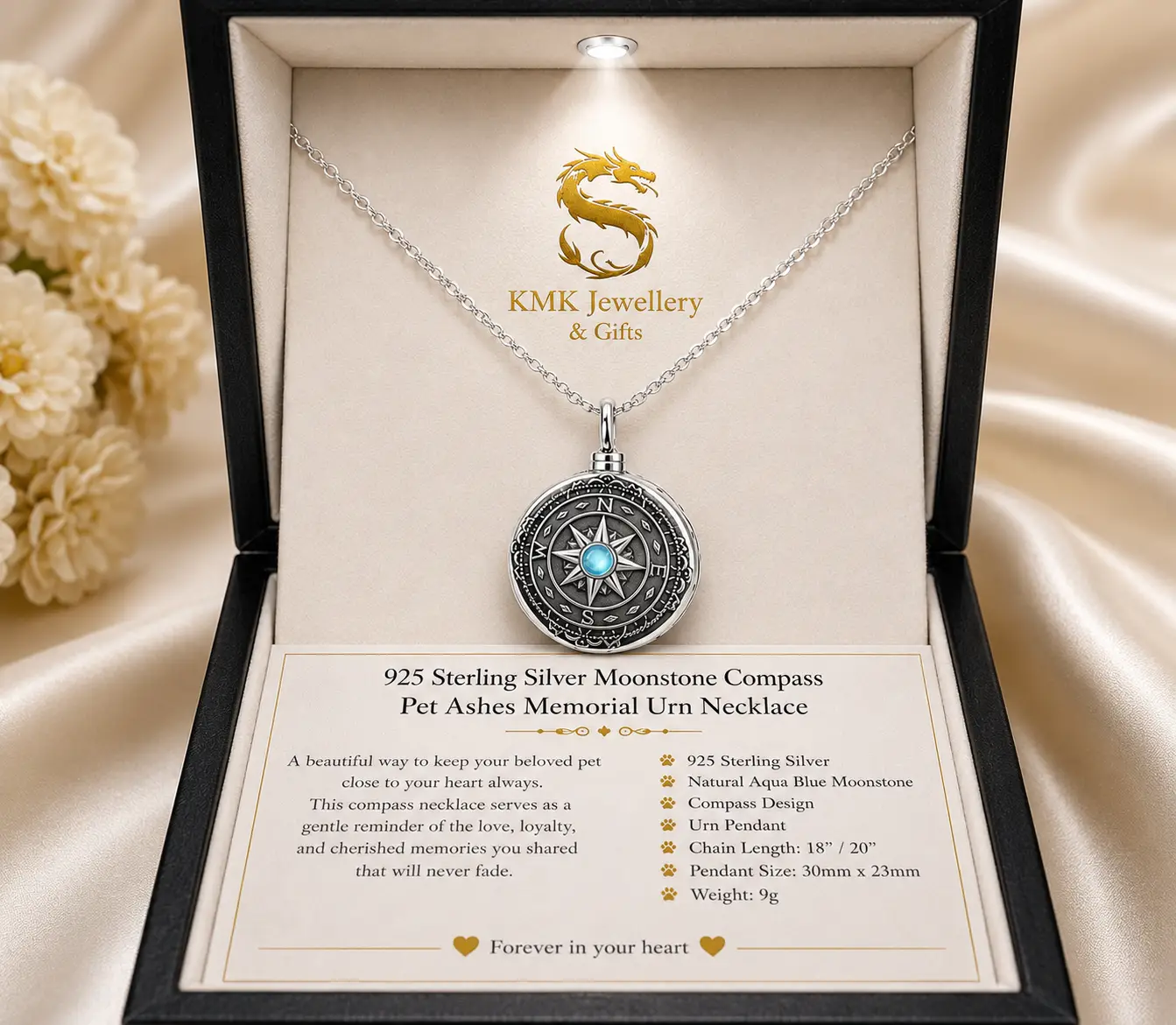 925 Sterling Silver Moonstone Compass Bulk Pet Ashes Memorial Urn Cremation Jewellery Necklace