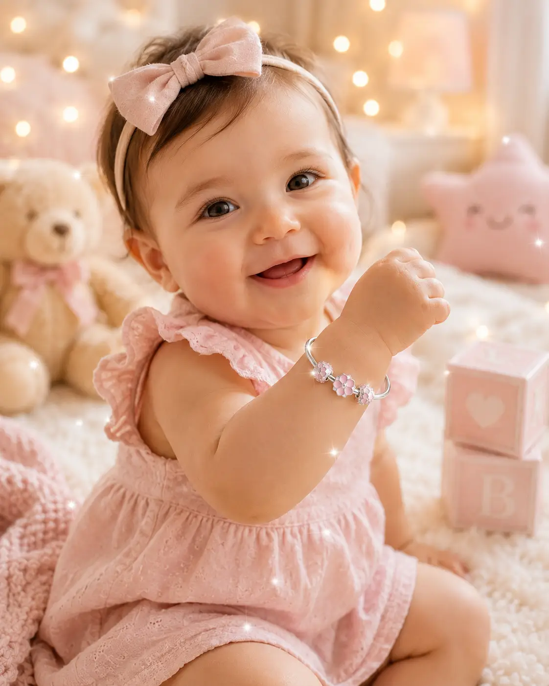 Beautiful 925 Sterling Silver Baby Bangle with beautiful pink flowers - Image 2