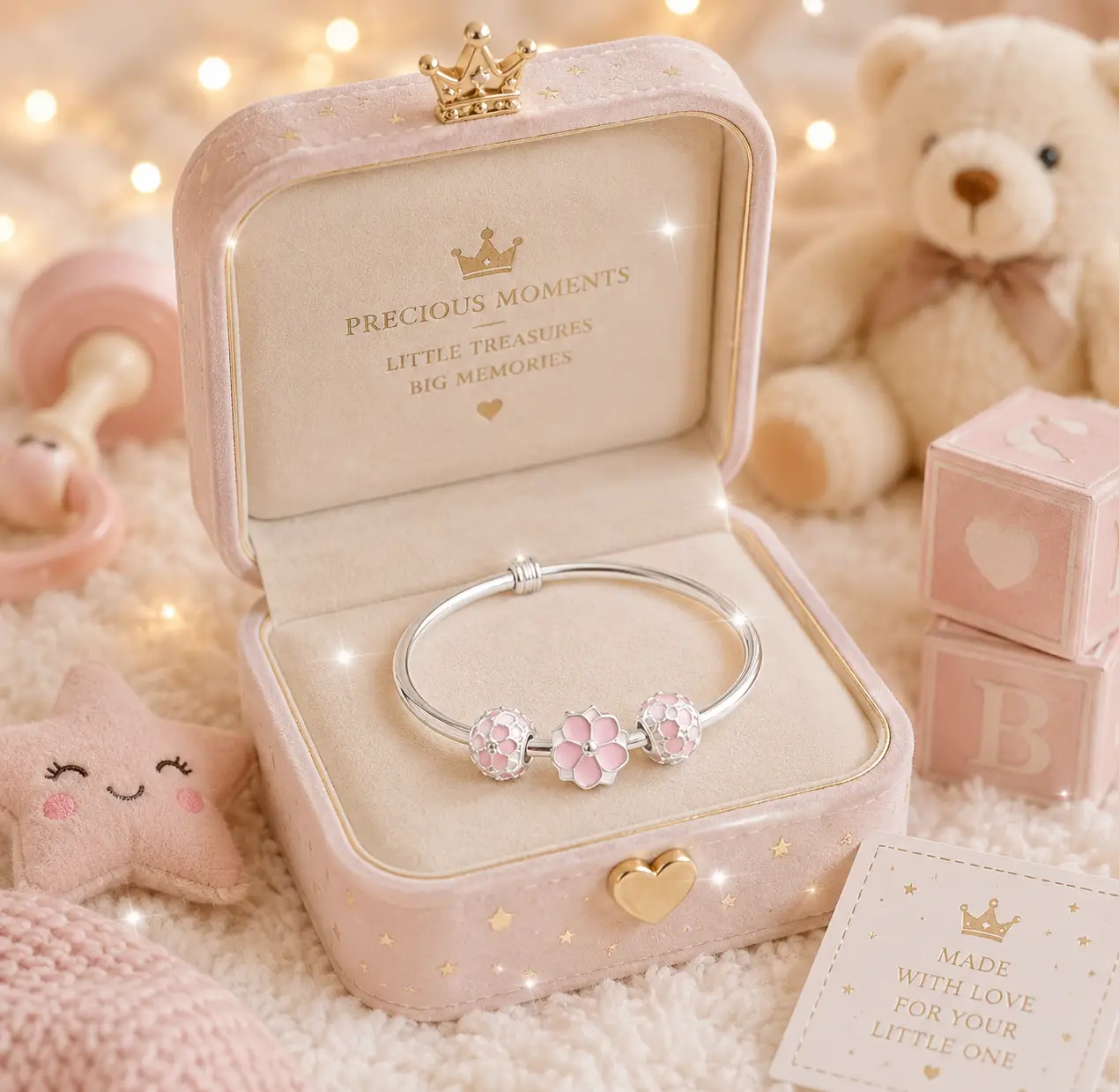 Beautiful 925 Sterling Silver Baby Bangle with beautiful pink flowers - Image 6