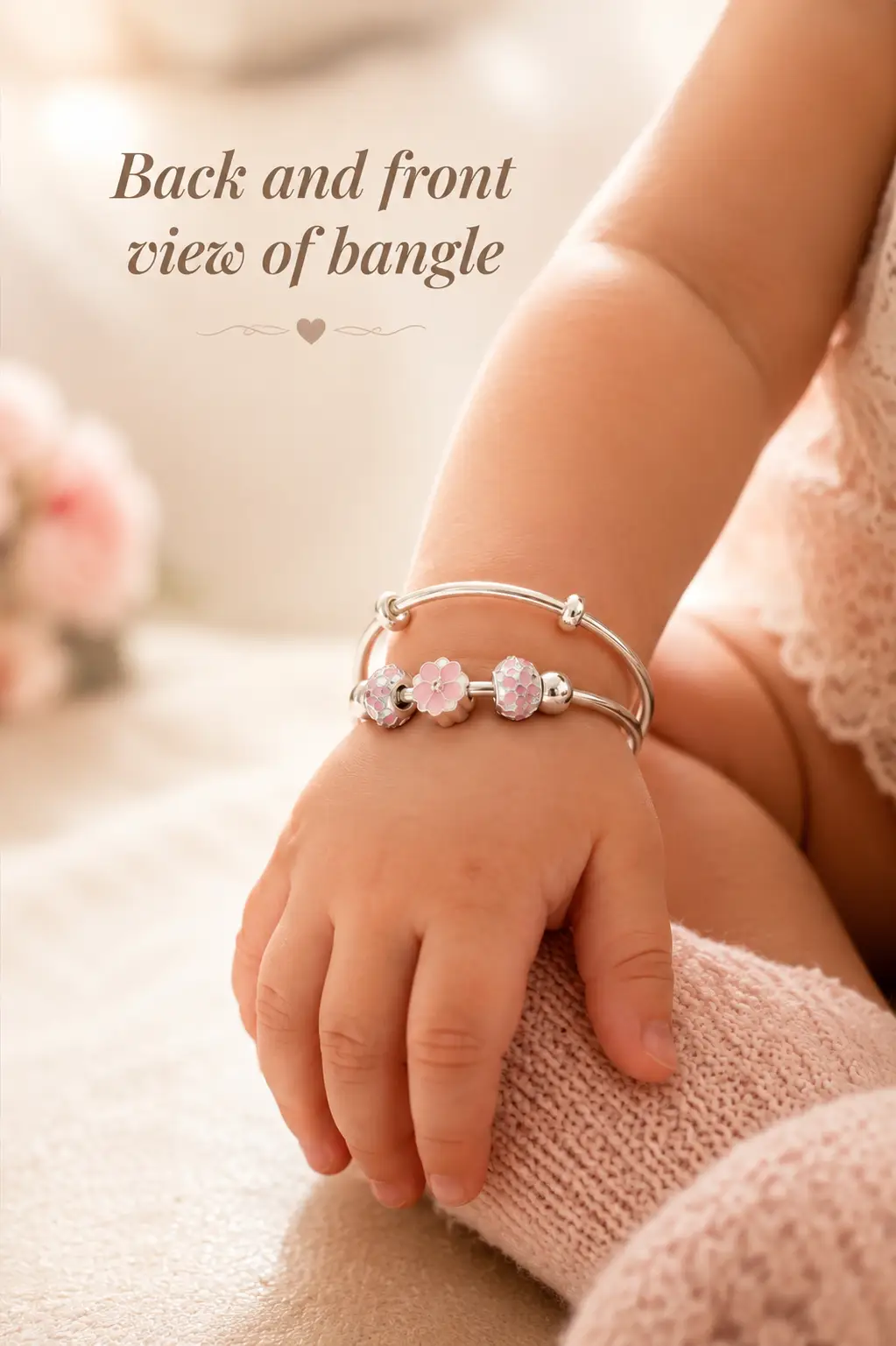 Beautiful 925 Sterling Silver Baby Bangle with beautiful pink flowers - Image 4