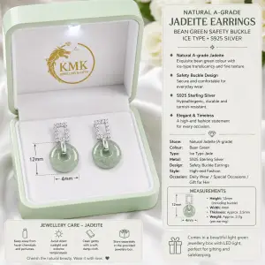 Natural A-grade Jadeite Bean Green Safety Buckle Ice Type Jade S925 Silver Women's High-end Fashion Earrings