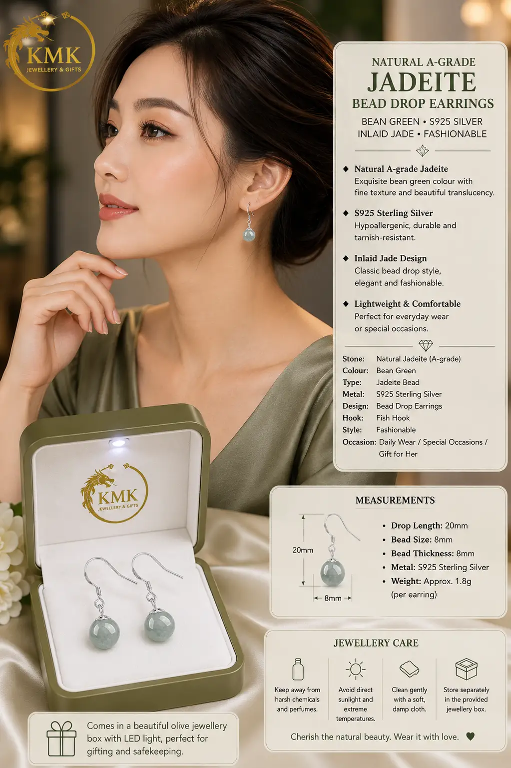 Natural A-grade Jadeite Bean Green Bead Drop Earrings S925 Silver Inlaid Jade Fashionable Women's Earrings - Image 4