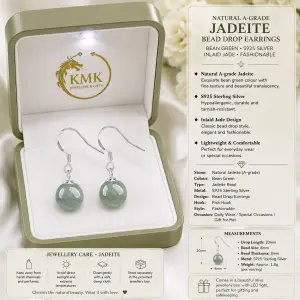 Natural A-grade Jadeite Bean Green Bead Drop Earrings S925 Silver Inlaid Jade Fashionable Women's Earrings