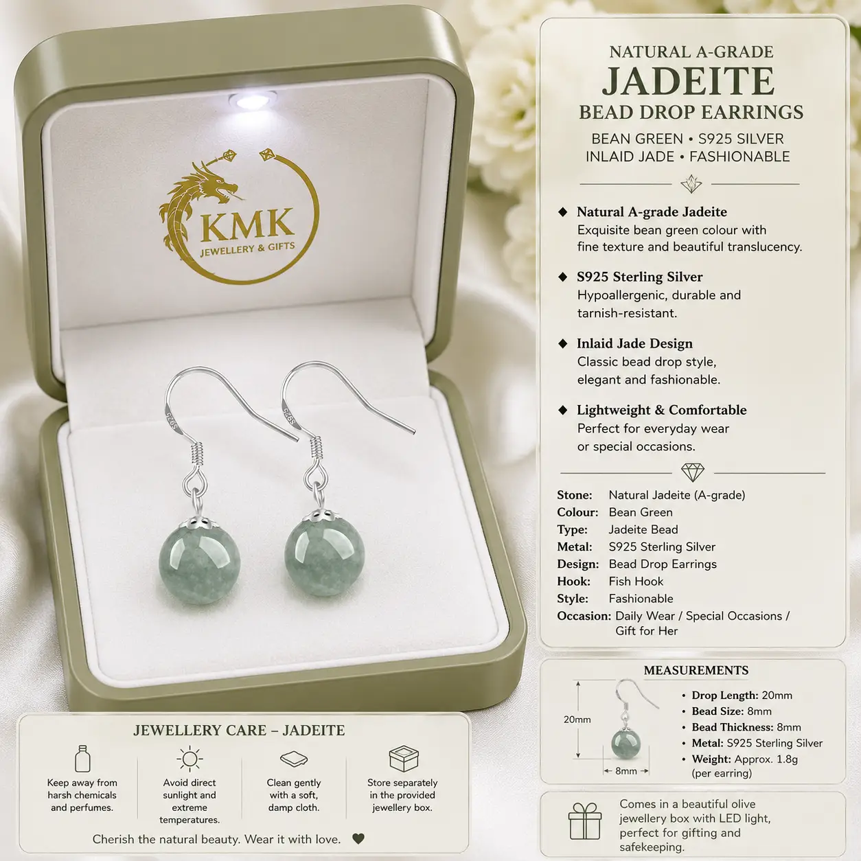 Natural A-grade Jadeite Bean Green Bead Drop Earrings S925 Silver Inlaid Jade Fashionable Women's Earrings