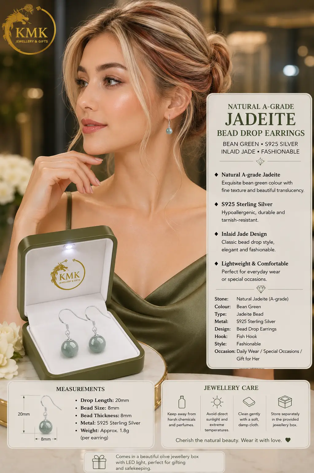 Natural A-grade Jadeite Bean Green Bead Drop Earrings S925 Silver Inlaid Jade Fashionable Women's Earrings - Image 5