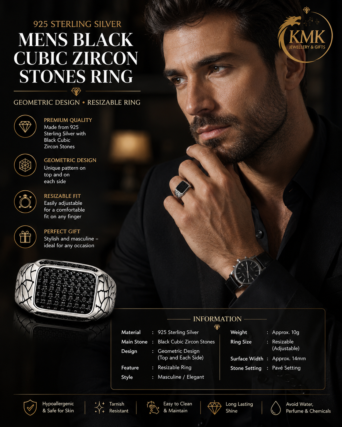 925 sterling silver mens black cubic zircon stones Geometric Design resizable ring - Image 2