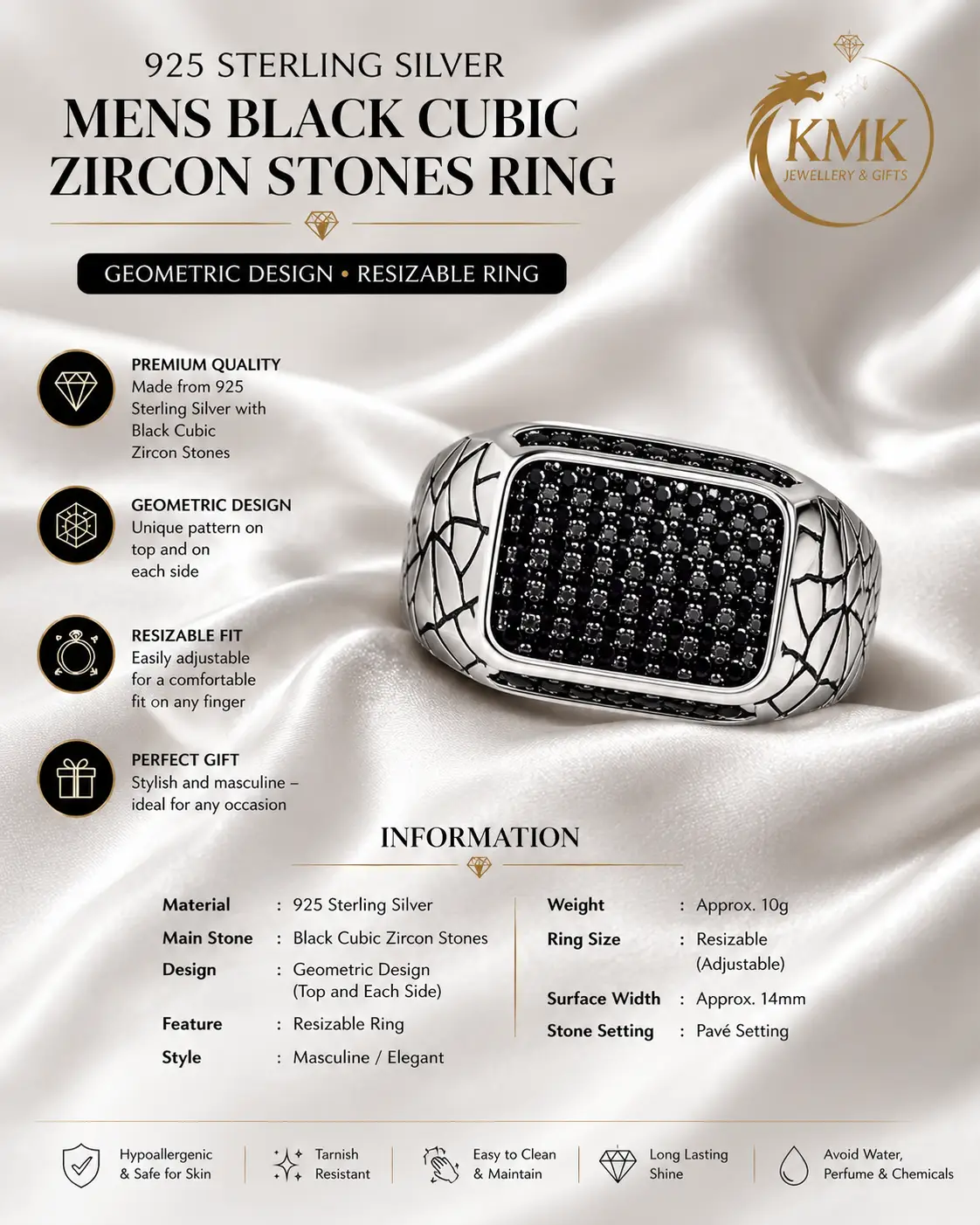 925 sterling silver mens black cubic zircon stones Geometric Design resizable ring - Image 3