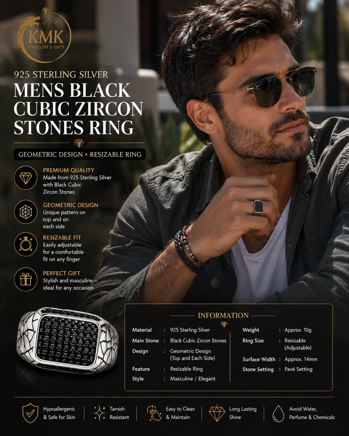 925 sterling silver mens black cubic zircon stones Geometric Design resizable ring - Image 4
