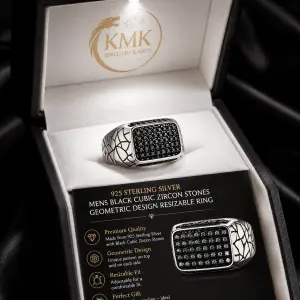 925 sterling silver mens black cubic zircon stones Geometric Design resizable ring