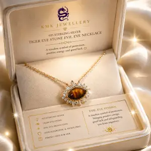 Gold Plated 925 Sterling Silver Natural Tiger Eye Marquise Gemstone Evil Eye Fine Jewellery Necklace