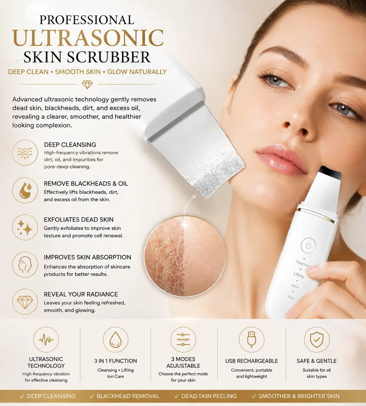 Professional Facial Dead Skin Peeling Sonic Cleaning Ultrasonic Skin Scrubber Blackhead Remover Face Spatula - Image 6