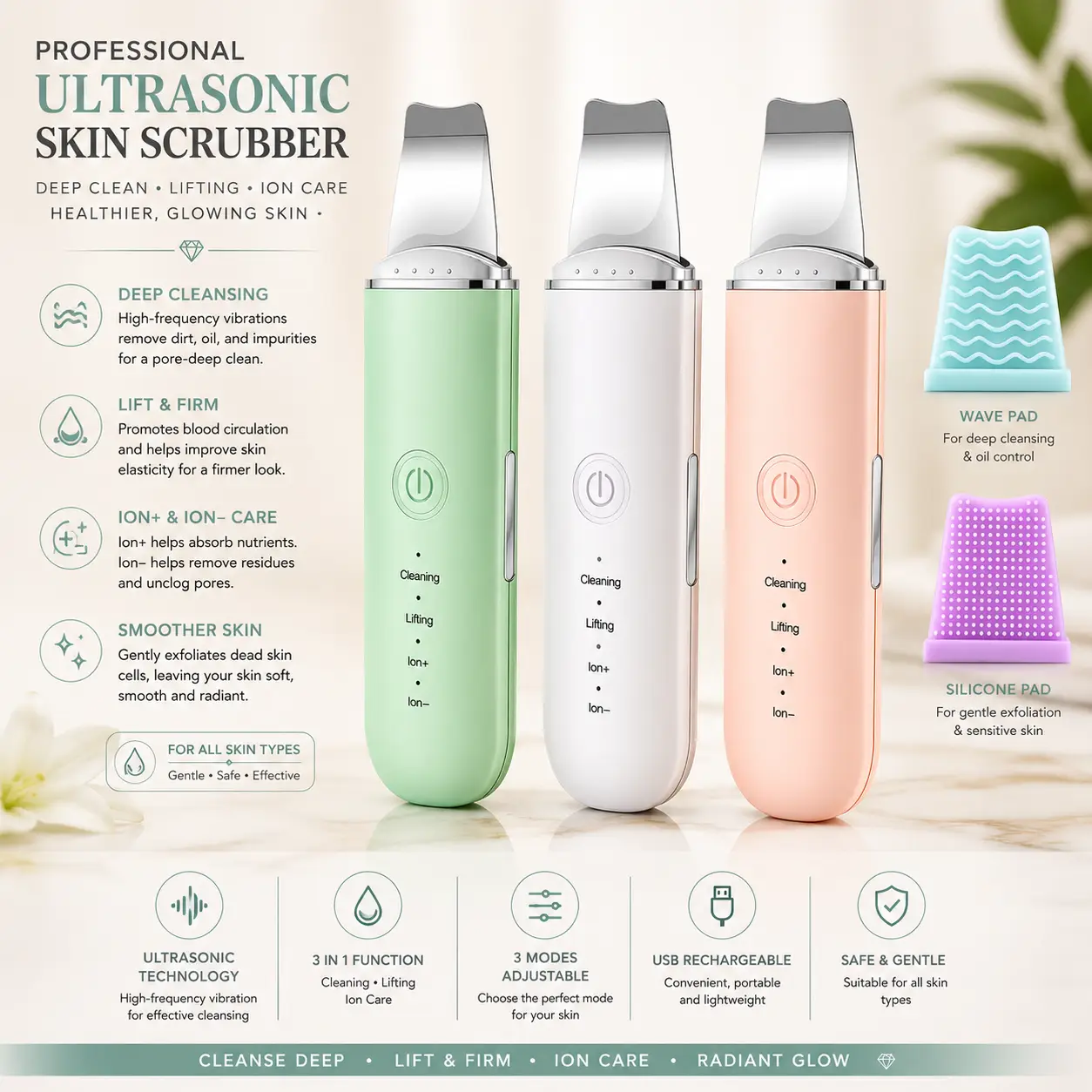 Professional Facial Dead Skin Peeling Sonic Cleaning Ultrasonic Skin Scrubber Blackhead Remover Face Spatula - Image 3