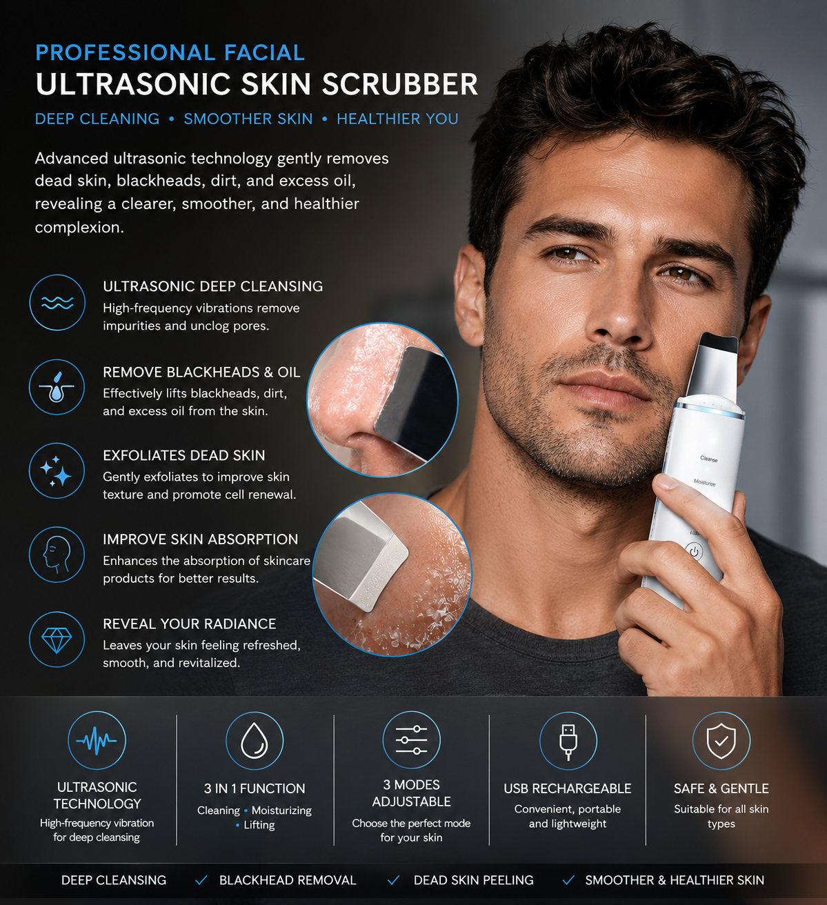 Professional Facial Dead Skin Peeling Sonic Cleaning Ultrasonic Skin Scrubber Blackhead Remover Face Spatula - Image 4