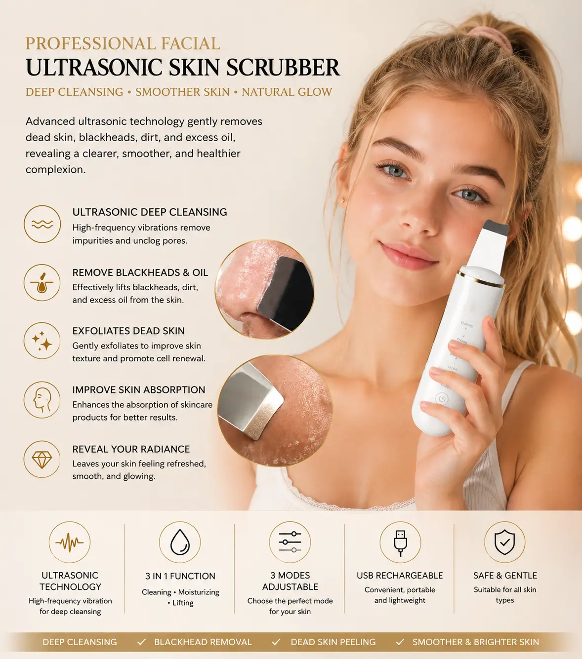 Professional Facial Dead Skin Peeling Sonic Cleaning Ultrasonic Skin Scrubber Blackhead Remover Face Spatula - Image 5