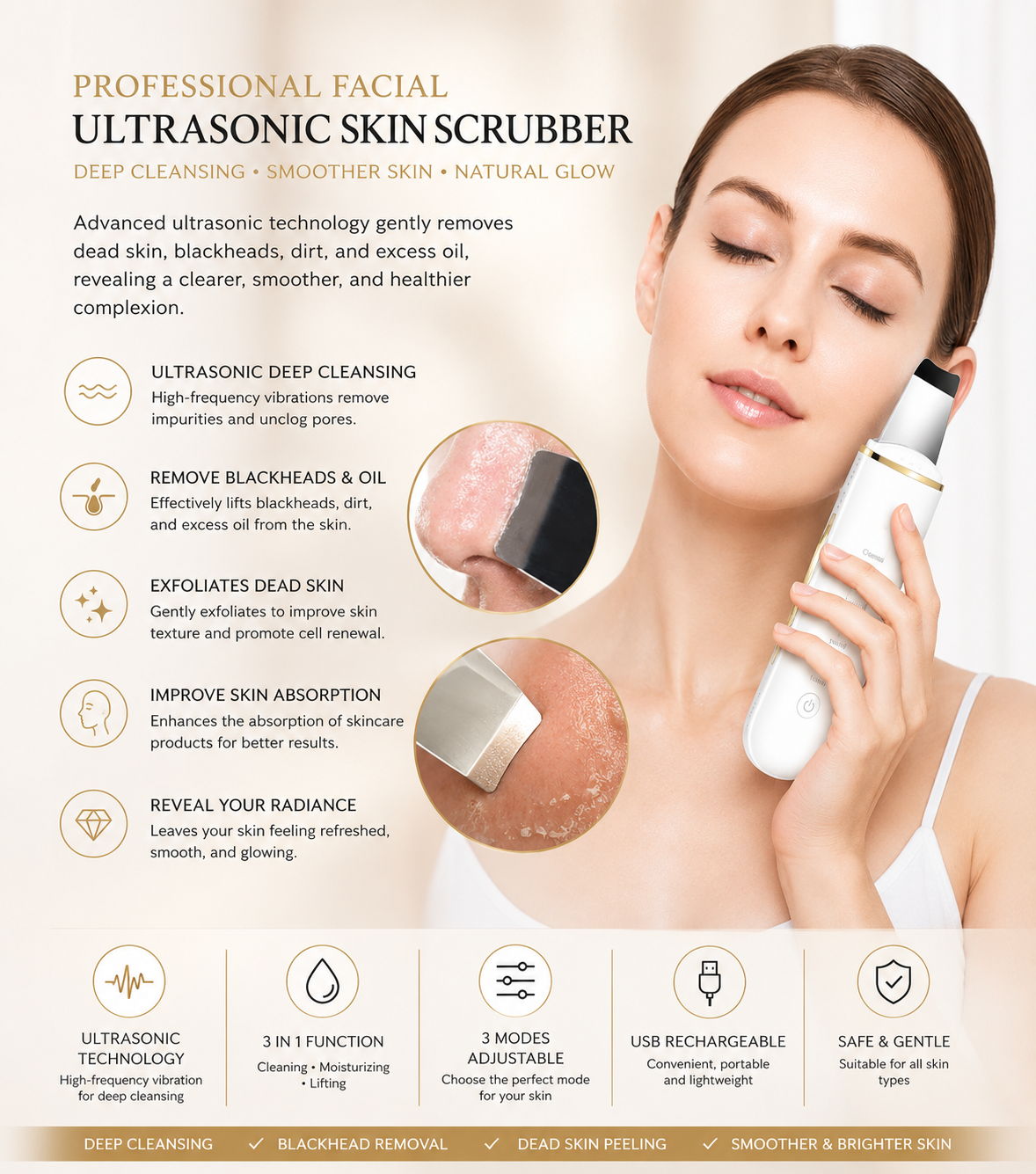 Professional Facial Dead Skin Peeling Sonic Cleaning Ultrasonic Skin Scrubber Blackhead Remover Face Spatula - Image 2