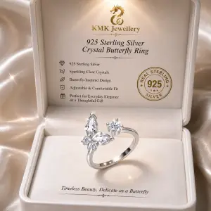S925 Sterling Silver White Crystal Butterfly Adjustable Open Ring