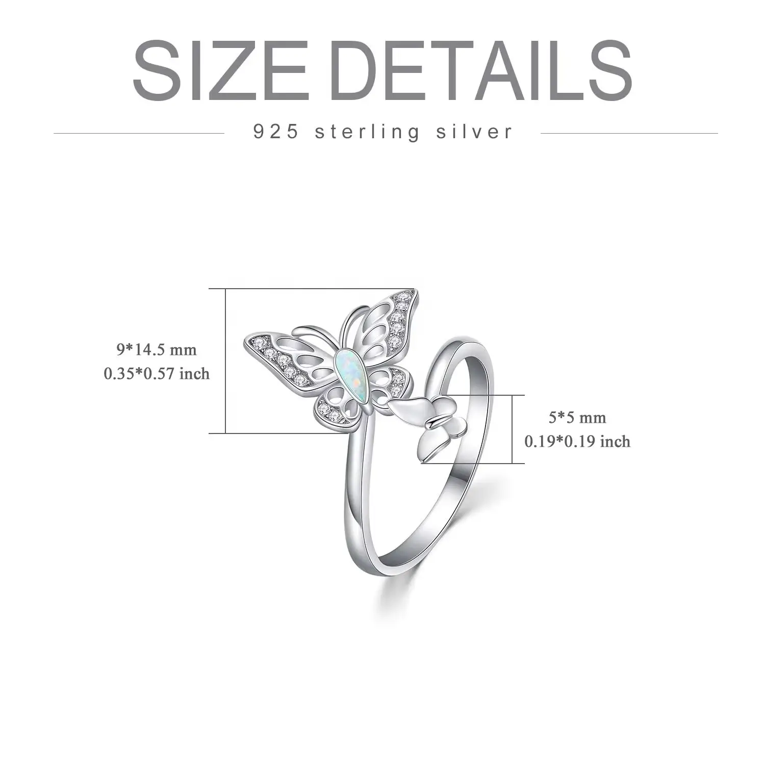 925 Sterling Silver Custom Opal CZ Open Adjustable Double Butterfly Ring - Image 10