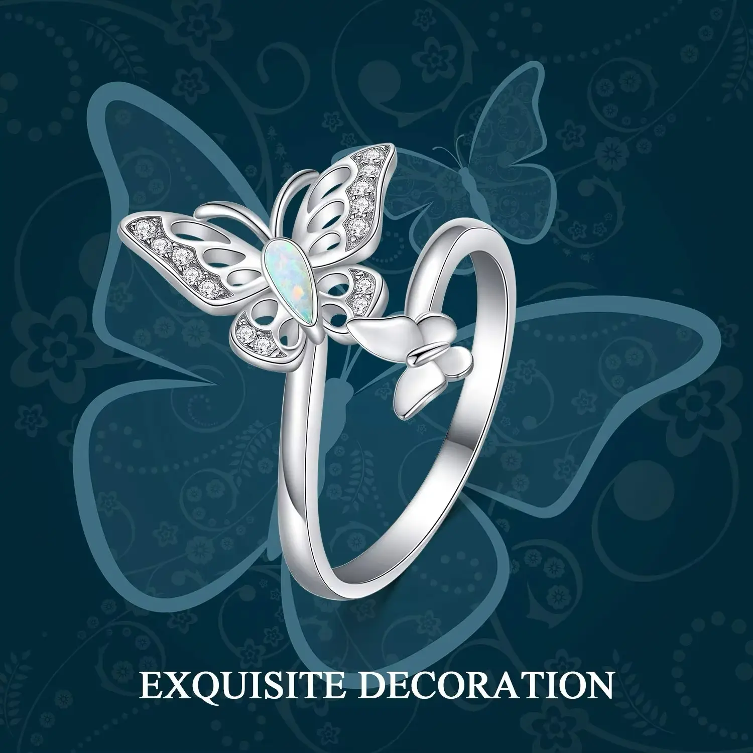 925 Sterling Silver Custom Opal CZ Open Adjustable Double Butterfly Ring - Image 11