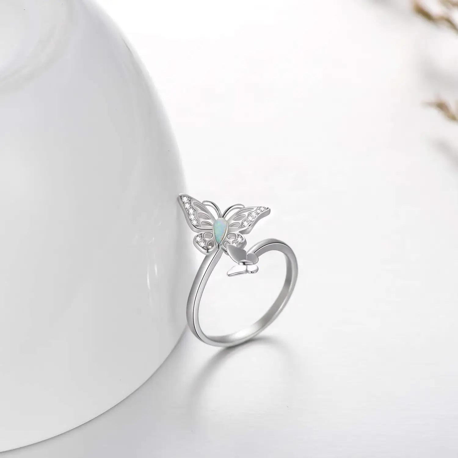 925 Sterling Silver Custom Opal CZ Open Adjustable Double Butterfly Ring - Image 9