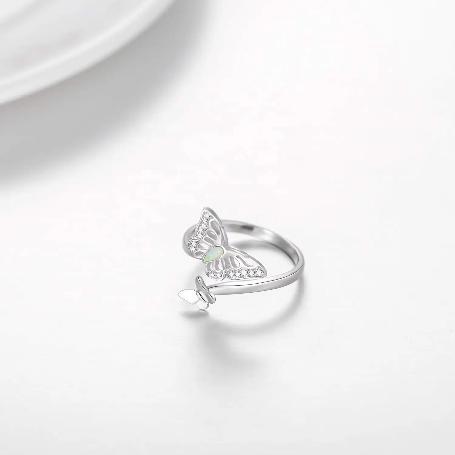 925 Sterling Silver Custom Opal CZ Open Adjustable Double Butterfly Ring - Image 8