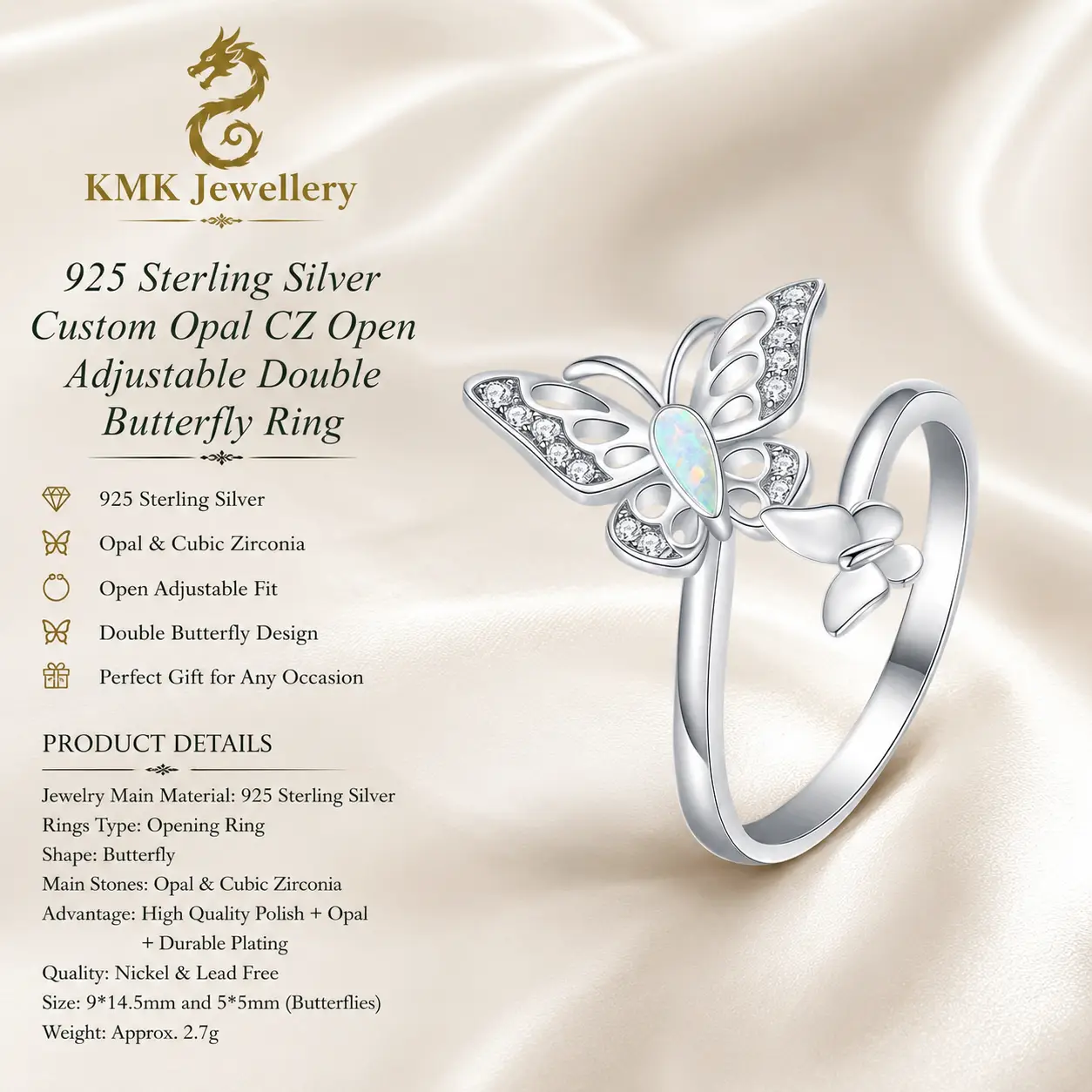 925 Sterling Silver Custom Opal CZ Open Adjustable Double Butterfly Ring - Image 3