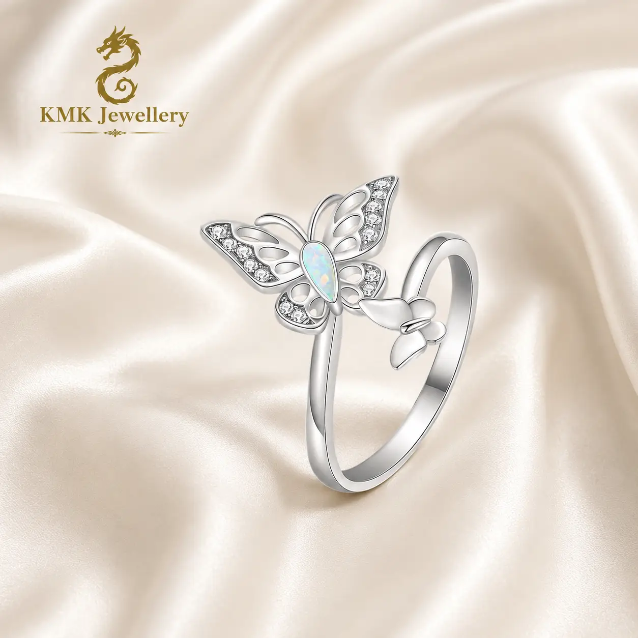 925 Sterling Silver Custom Opal CZ Open Adjustable Double Butterfly Ring - Image 6