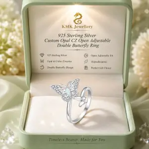 925 Sterling Silver Custom Opal CZ Open Adjustable Double Butterfly Ring
