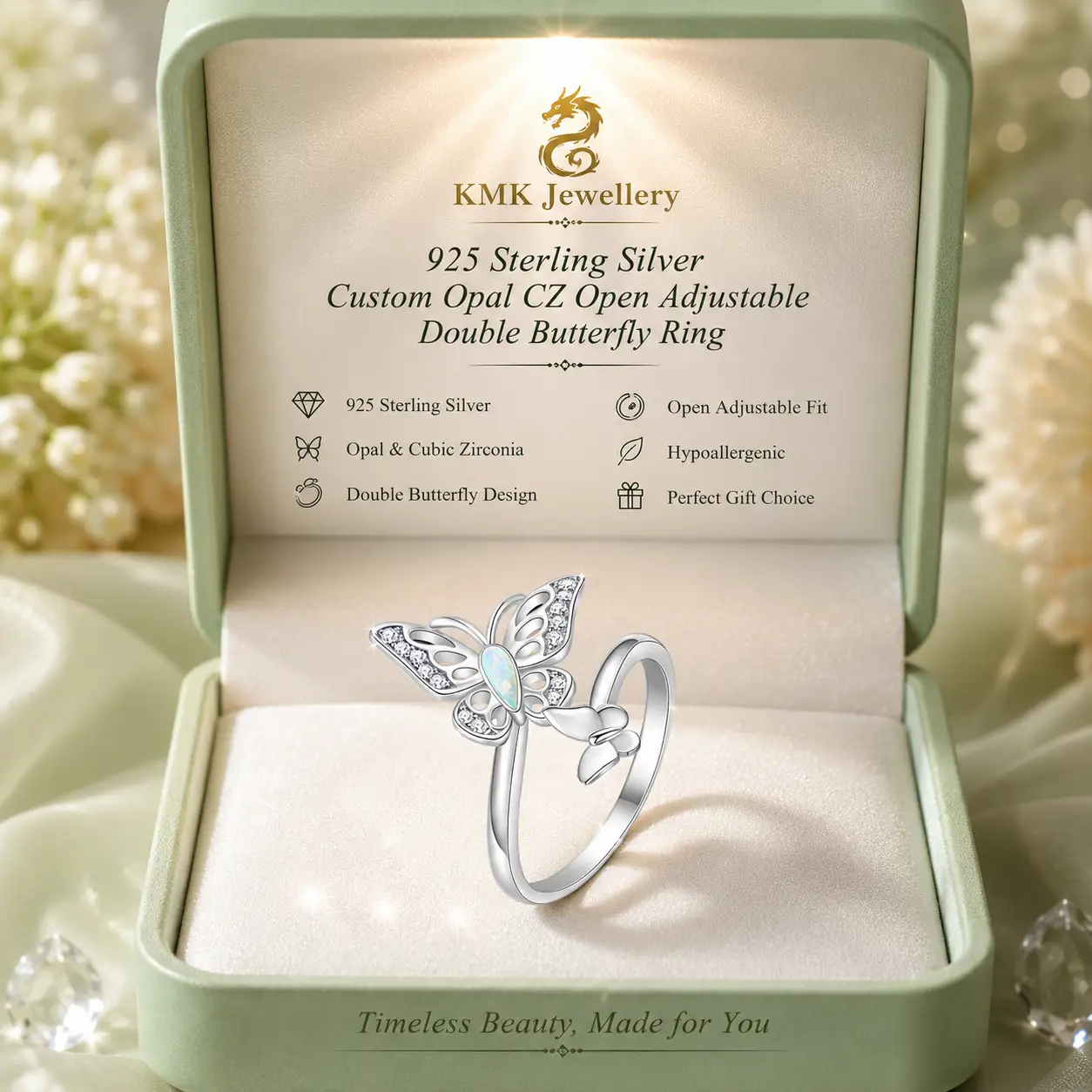925 Sterling Silver Custom Opal CZ Open Adjustable Double Butterfly Ring