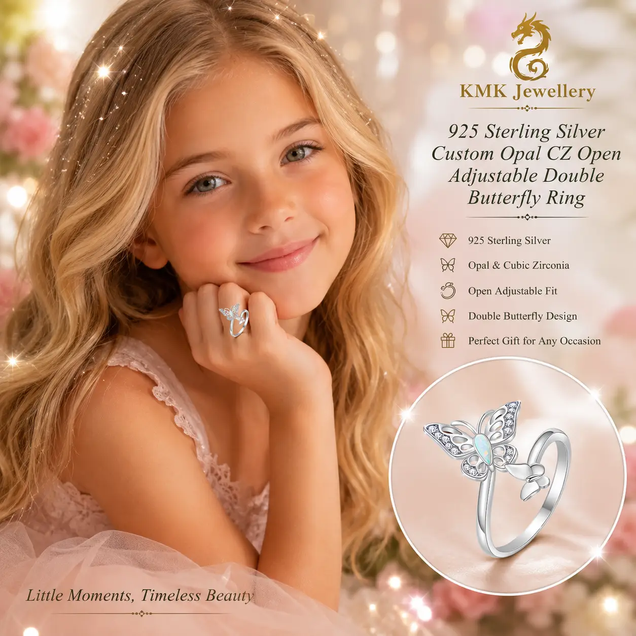925 Sterling Silver Custom Opal CZ Open Adjustable Double Butterfly Ring - Image 4