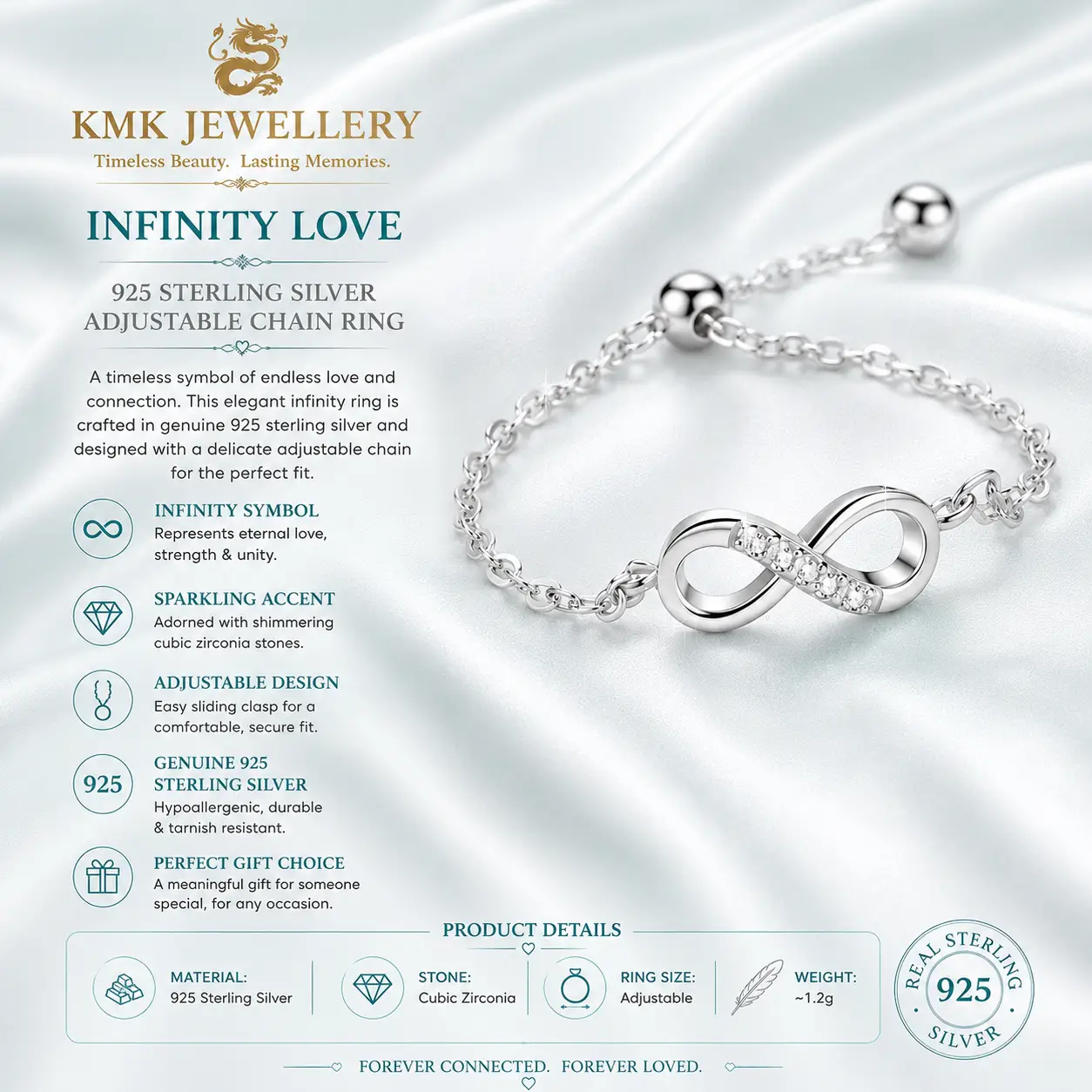 High Quality Waterproof Women's 925 Sterling Silver Chain Ring Waterproof CZ Zircon Infinity Symbol Ring Fine Jewellery - Image 3