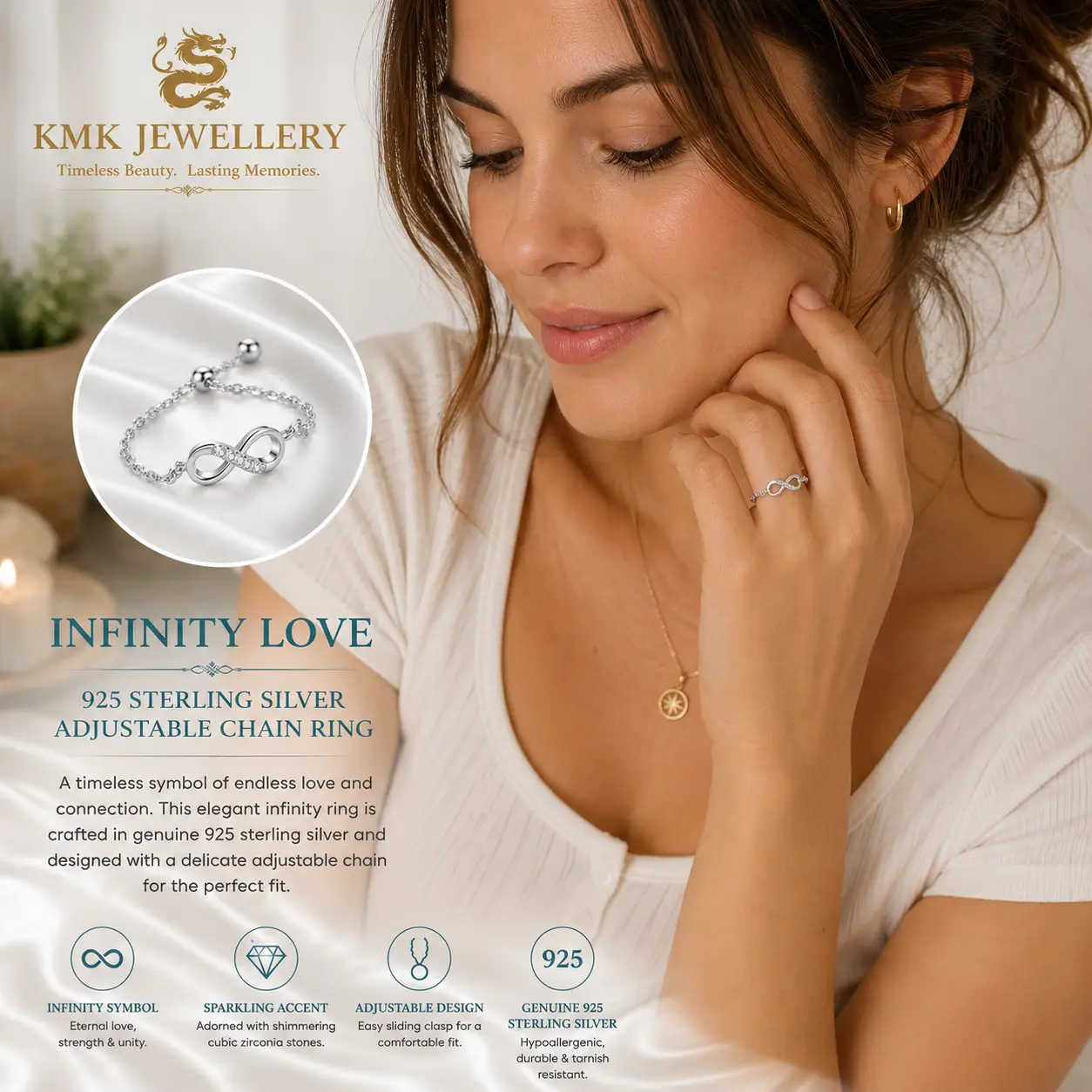 High Quality Waterproof Women's 925 Sterling Silver Chain Ring Waterproof CZ Zircon Infinity Symbol Ring Fine Jewellery - Image 5