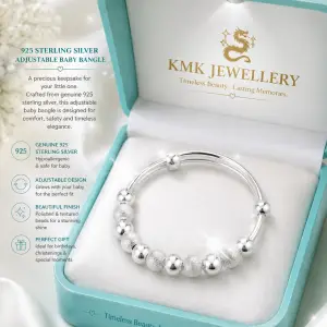 Beautiful 925 Sterling Silver Baby Bangle with Brushed and Clear Silver Balls