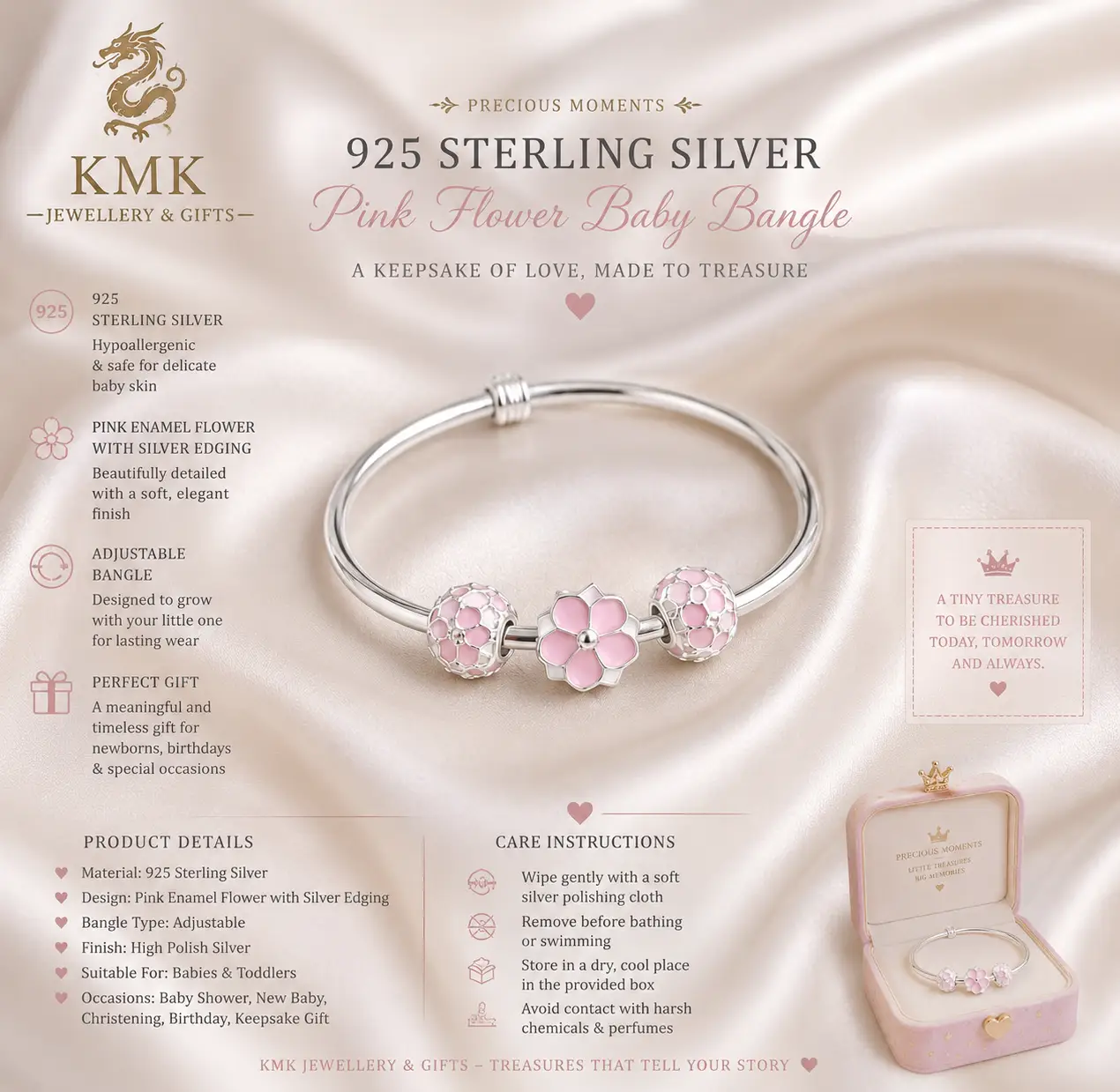 Beautiful 925 Sterling Silver Baby Bangle with beautiful pink flowers - Image 3