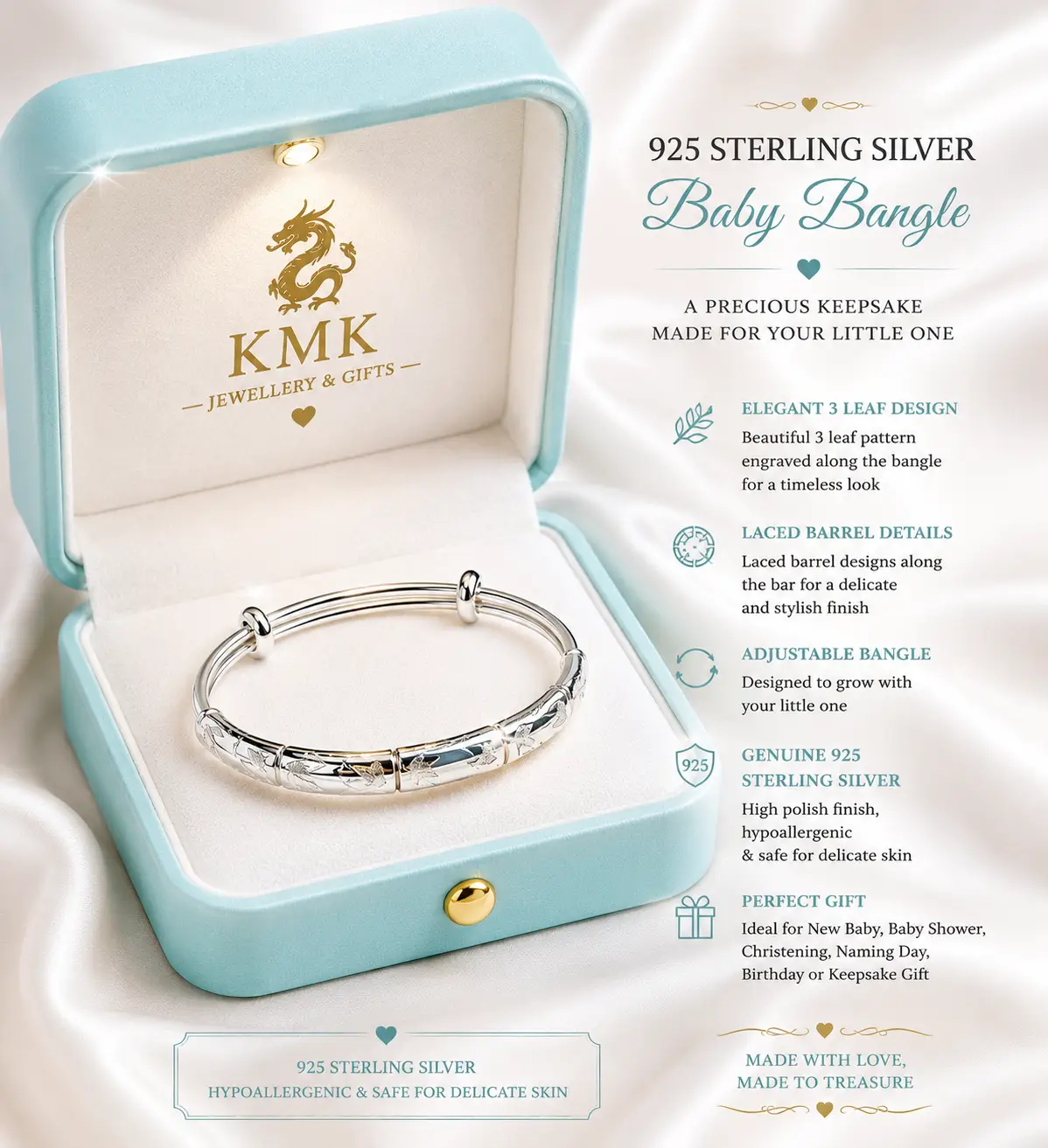 Beautiful 925 Sterling Silver Baby Bangle, beautiful a bamboo shape design with 3 leaf Pattern
