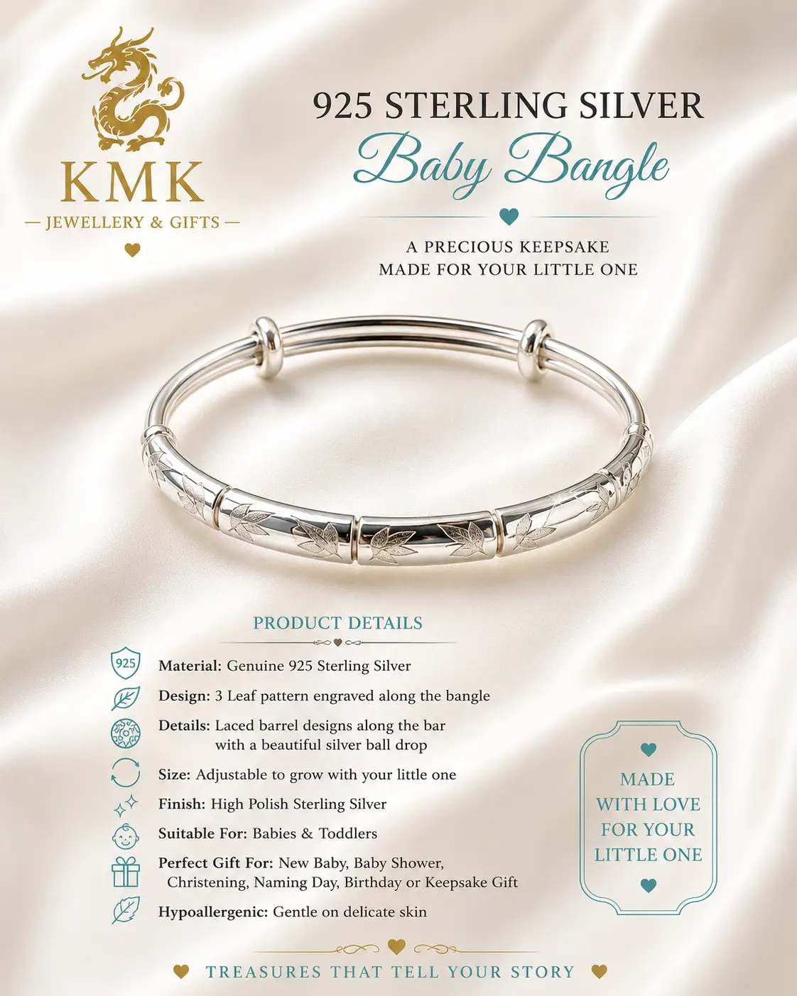 Beautiful 925 Sterling Silver Baby Bangle, beautiful a bamboo shape design with 3 leaf Pattern - Image 3