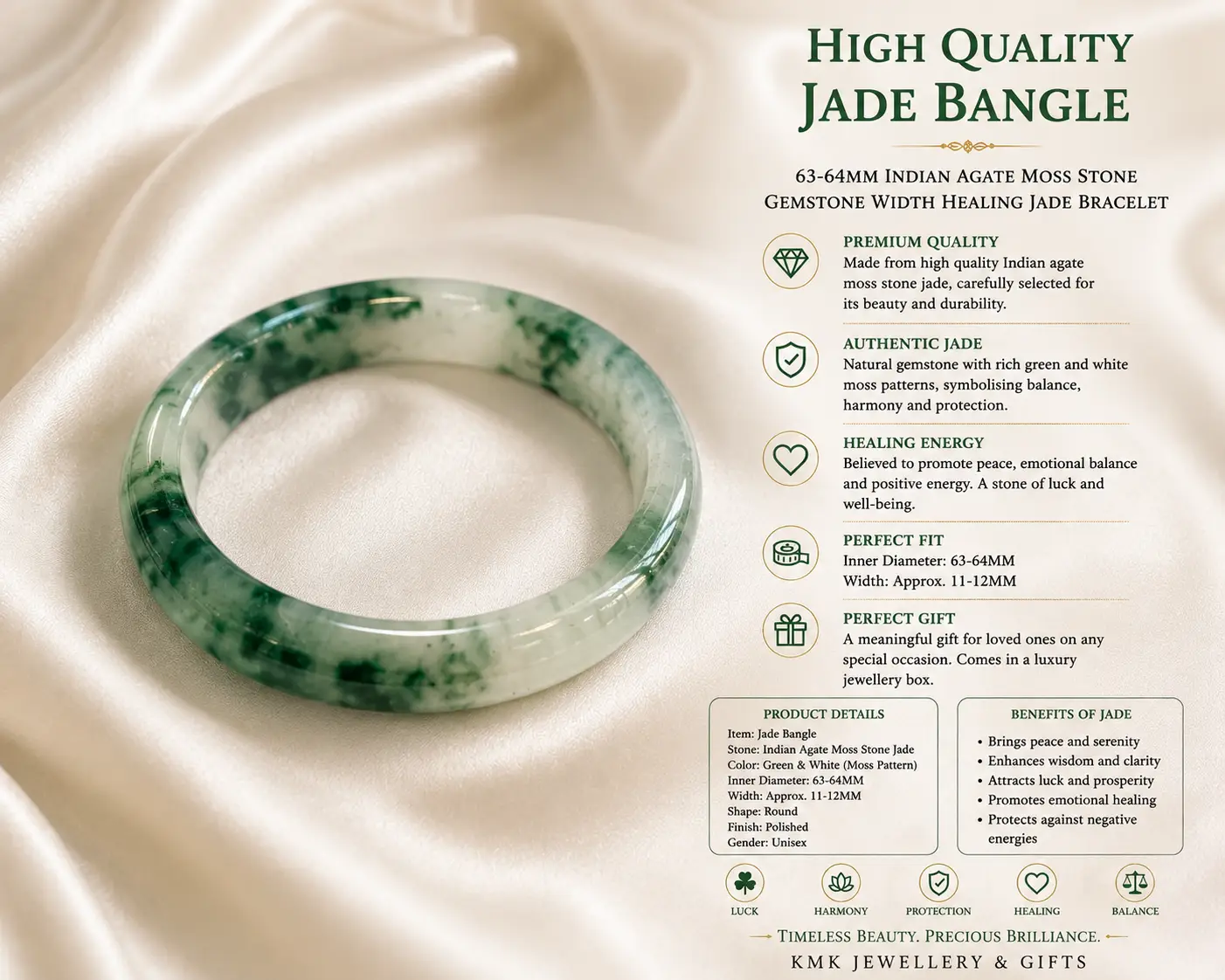 Natural Moss Agate Jade-Style Stone Bangle – 63–64mm - Image 3