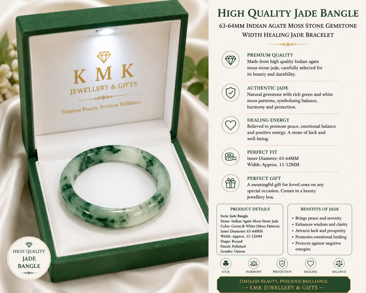 Natural Moss Agate Jade-Style Stone Bangle – 63–64mm
