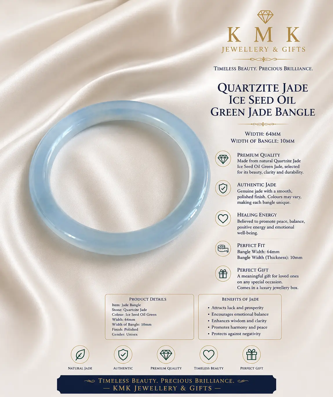 Natural Quartzite Jade Ice-Seed Oil Green Bangle – 64mm - Image 3