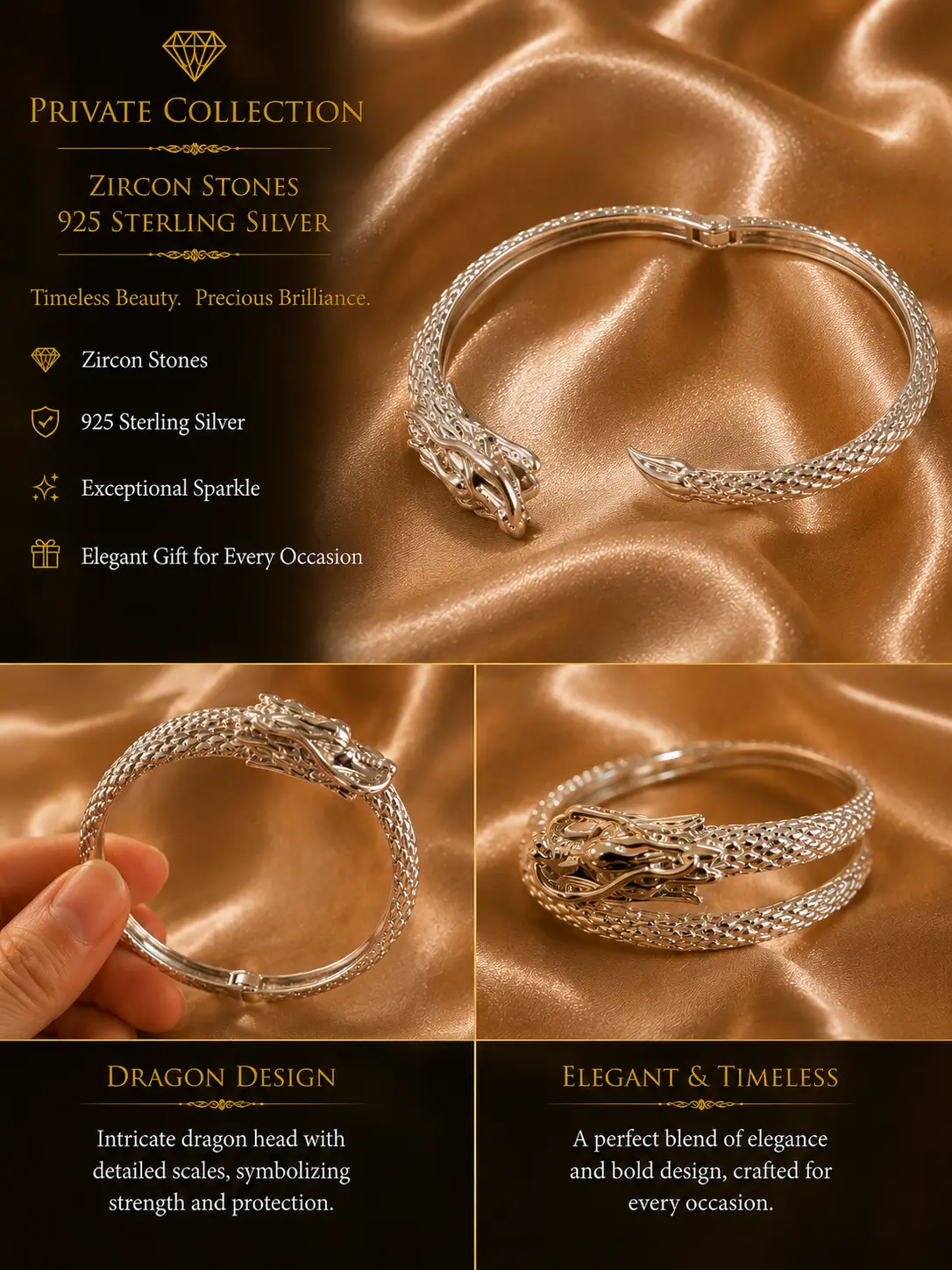 Private Collection – 925 Sterling Silver Carved Dragon Bracelet - Image 5