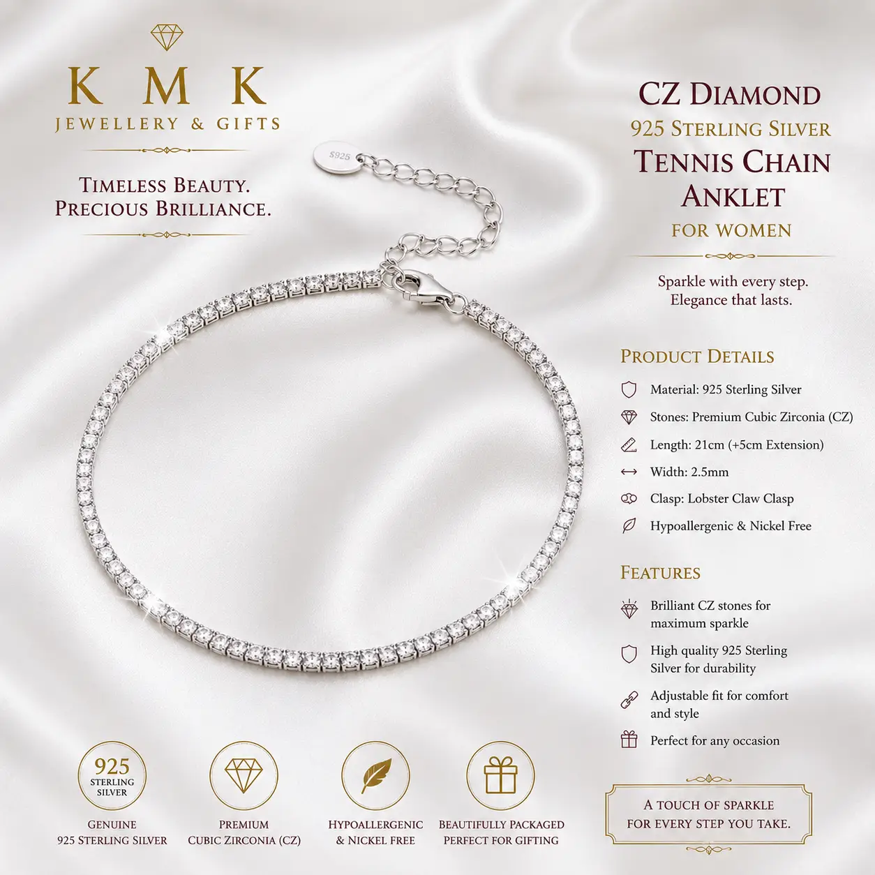 Women's 925 Sterling Silver CZ Diamond-Style Tennis Chain Anklet – 21.5+5cm - Image 3