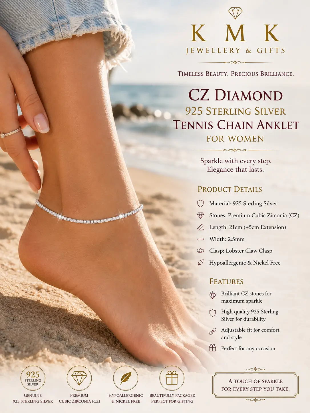 Women's 925 Sterling Silver CZ Diamond-Style Tennis Chain Anklet – 21.5+5cm - Image 4