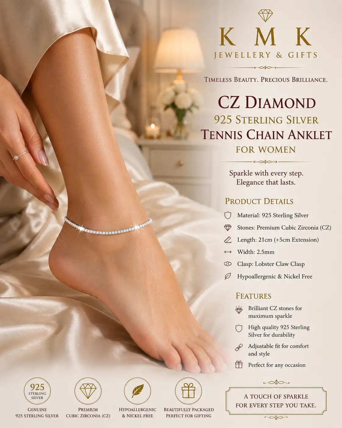 Women's 925 Sterling Silver CZ Diamond-Style Tennis Chain Anklet – 21.5+5cm - Image 2