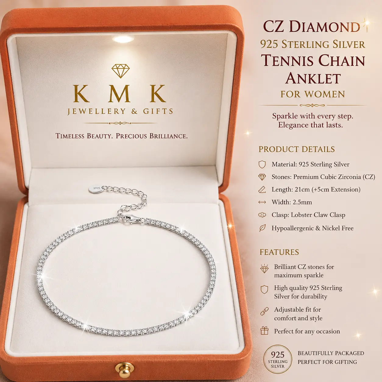 Women's 925 Sterling Silver CZ Diamond-Style Tennis Chain Anklet – 21.5+5cm