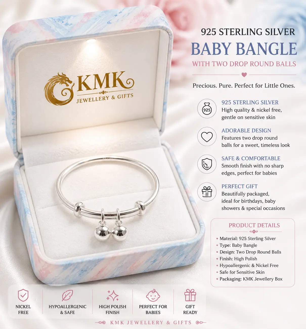 999 Sterling Silver Baby Bangles with Bells for Boys and the Girls