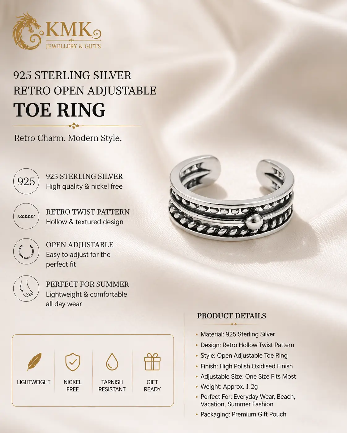 925 Sterling Silver Retro Open Adjustable Toe Rings for Women Summer Fashion Hollow Twist Pattern - Image 3