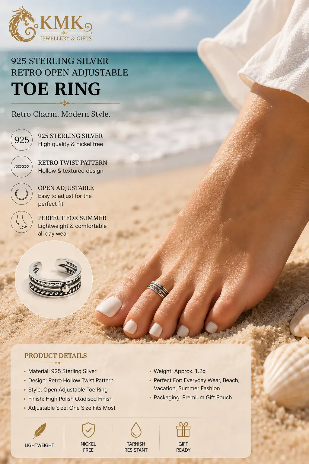 925 Sterling Silver Retro Open Adjustable Toe Rings for Women Summer Fashion Hollow Twist Pattern - Image 4