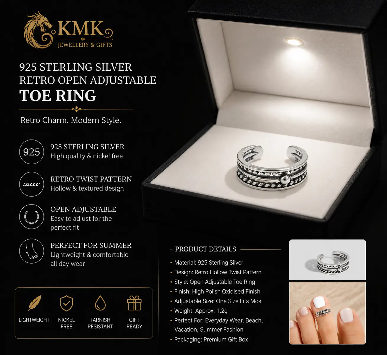 925 Sterling Silver Retro Open Adjustable Toe Rings for Women Summer Fashion Hollow Twist Pattern